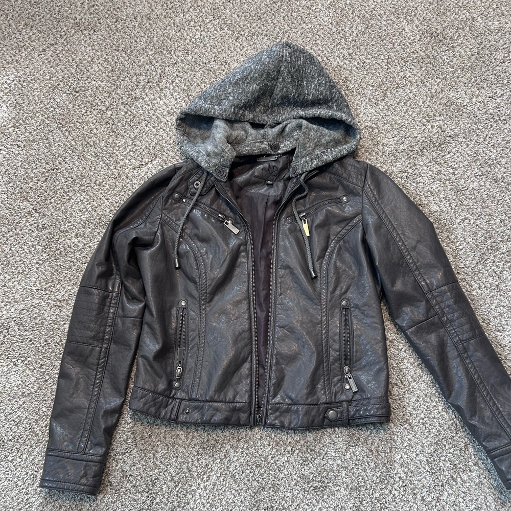 Black Leather Jacket with Gray Knit Hood